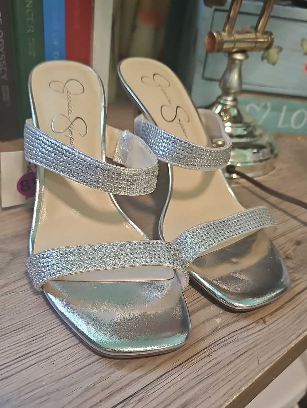 Jessica Simpson Silver Crystal Double-Strap Heels